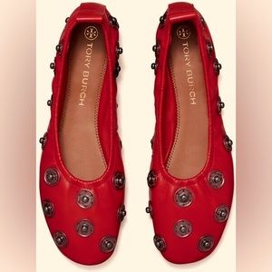 Tory Burch Tory Red Eyelet Snap Nappa Leather Ballet Flat